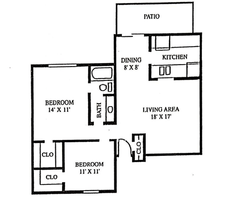Floor plan for 2 beds, 1 bath, 960 sqft